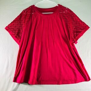 Bright Pink Pullover Blouse Lace Short Sleeve Pleated Womens 3XL